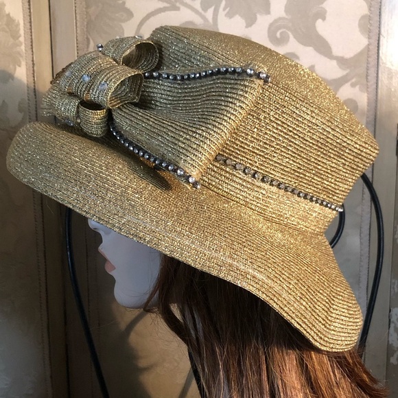 Vintage Wide Brim Embellished Gold Metallic Hat main image 9